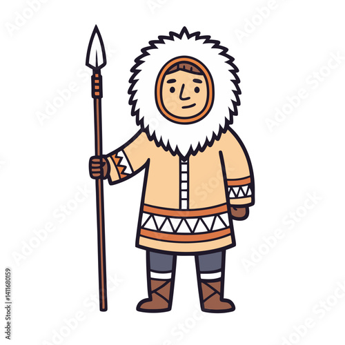 Inuit Winter Hunter Character with Spear Traditional Clothing Vector Illustration