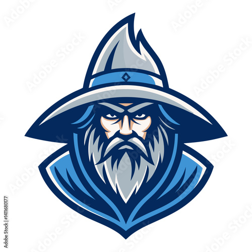Angry Wizard with Blue Hat and Beard for Fantasy Illustrations and Logo Designs