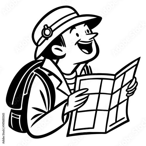 Cheerful Traveler Holding Map Ready for Adventure with Backpack and Hat