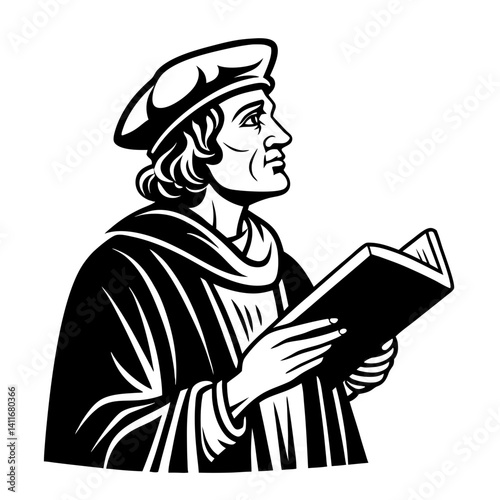 Intellectual Scholar Holding Book in Classic Attire Black and White Illustration