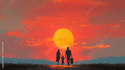 Family Walking on Path at Sunset