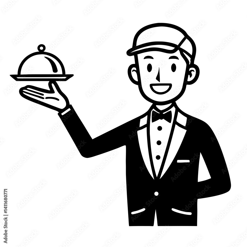 Cheerful Waiter Holding a Serving Tray with a Dome Lid for Restaurant and Catering Designs Cheerful Waiter Holding a Serving Tray with a Dome Lid for Restaurant and Catering Designs