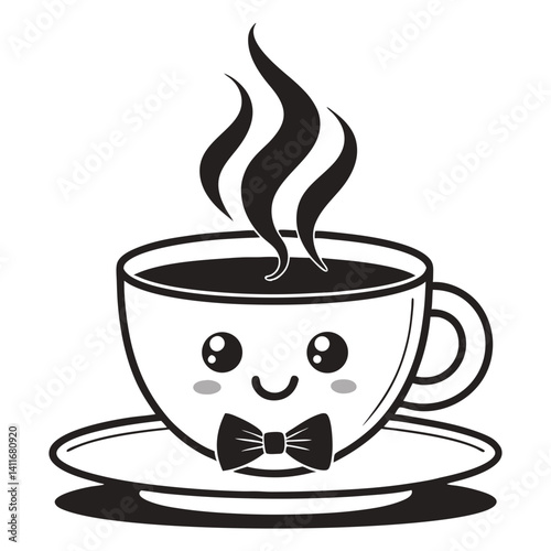 Cute Smiling Coffee Cup with Steam and Bowtie Ideal for Fun Graphic Designs and Coloring Books