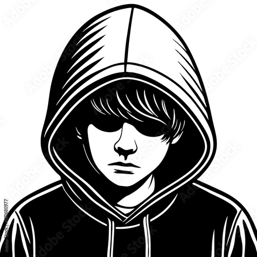 Mysterious Youth in Hoodie Black and White Line Art Vector Illustration for Graphic Design