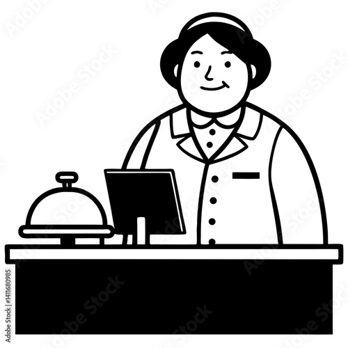 Receptionist at Front Desk with Computer and Cloche Symbolizing Customer Service and Hospitality