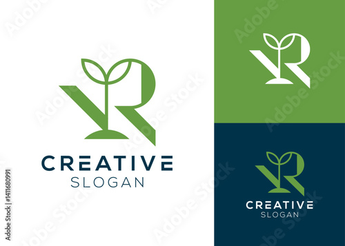 VR initials with leaf or plant logo design for environment or healthy food