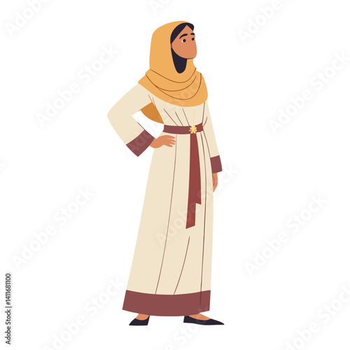 Stylish Young Woman in Traditional Dress and Headscarf Standing Confidently