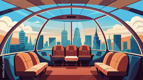 Passengers can relax in luxurious leather seats while enjoying a 360degree view of the city below through the glass dome roof of the air taxi.. Vector illustration