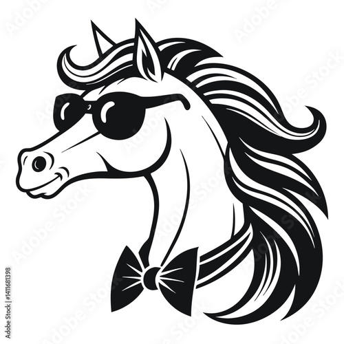 Stylish Unicorn Head Wearing Sunglasses and Bowtie Fun Illustration for Tattoos and Merchandise