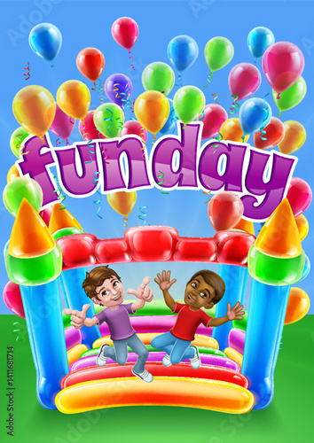 Children jumping and bouncing on a kids bouncy inflatable castle house