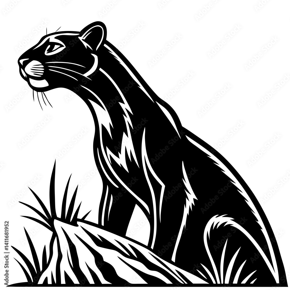 Fototapeta premium Majestic Black Panther Sitting on Rock in Wilderness for Tattoo Design and Artistic Illustrations