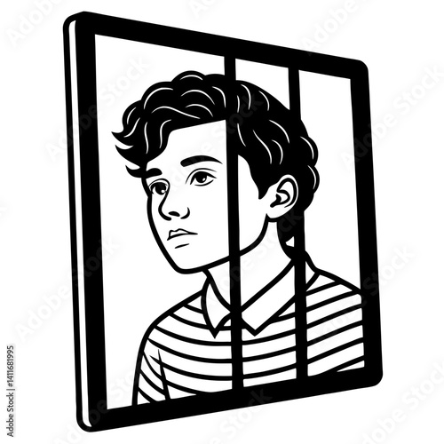 Thoughtful Young Boy Behind Bars Illustration for Tattoo Design Coloring Book