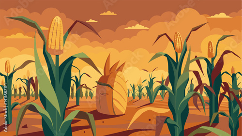 As far as the eye could see there was nothing but parched corn cobs a haunting portrayal of the failed harvest.. Vector illustration
