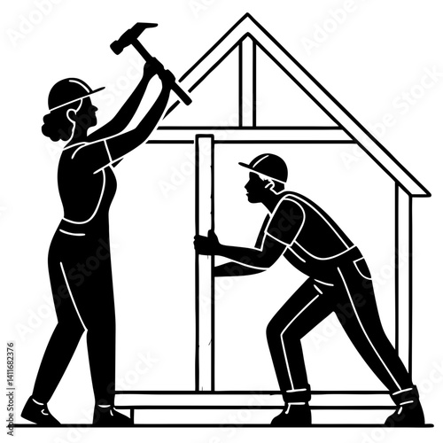 Construction Workers Building House with Hammer and Support Beam for Home Renovation Graphics