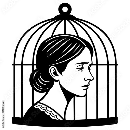 Thoughtful Woman Inside Birdcage Illustration for Emotional Freedom Themes and Art Projects