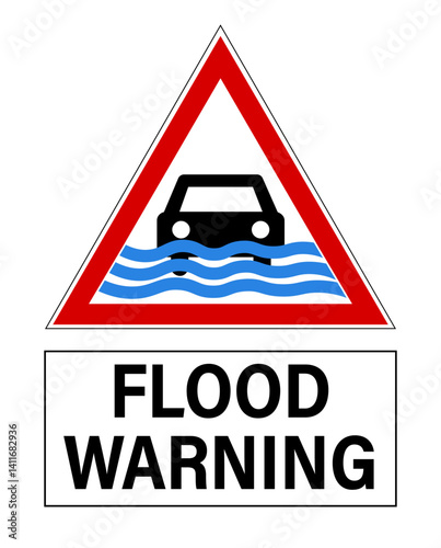 Flood warning. Triangle road sign with pictogram of a car in flood water. Text below.