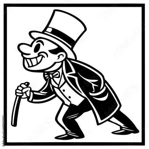 Vintage Dapper Man in Top Hat and Tails with Cane for Print Design and Coloring Pages