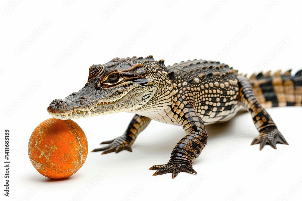 Obraz premium A playful crocodile interacting with a round orange object on a clean white surface during a bright and cheerful moment isolated on transparent background