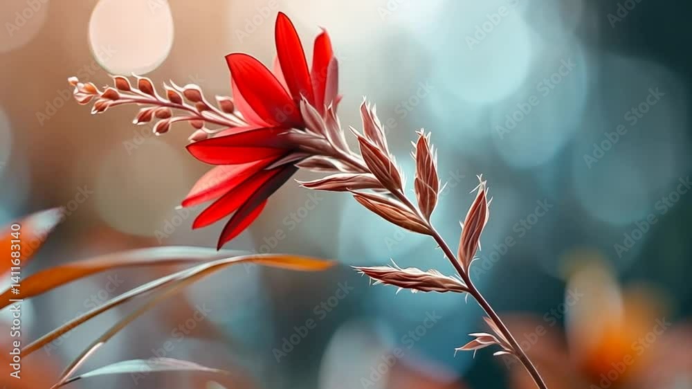 Vibrant red flower with delicate petals against a soft bokeh background in nature