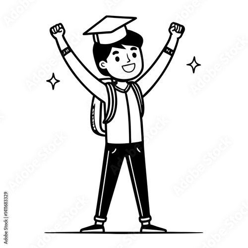 Happy Graduate Student Celebrating Success with Backpack and Graduation Cap Illustration