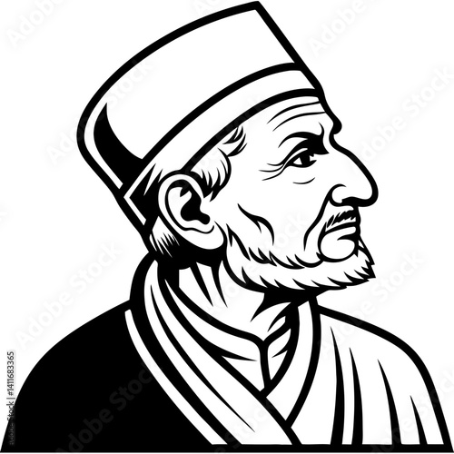 Detailed vector illustration of an elderly man in profile wearing a traditional hat and robes