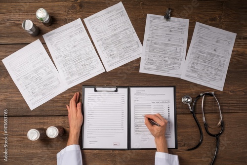 Doctor filling out medical forms photo