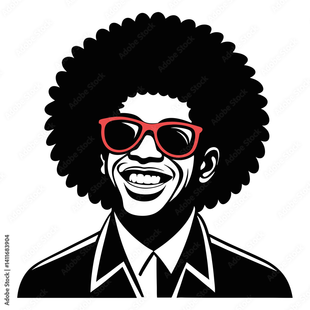 Fototapeta premium Cheerful Retro Man with Afro Hair and Sunglasses in Bold Black and White Style