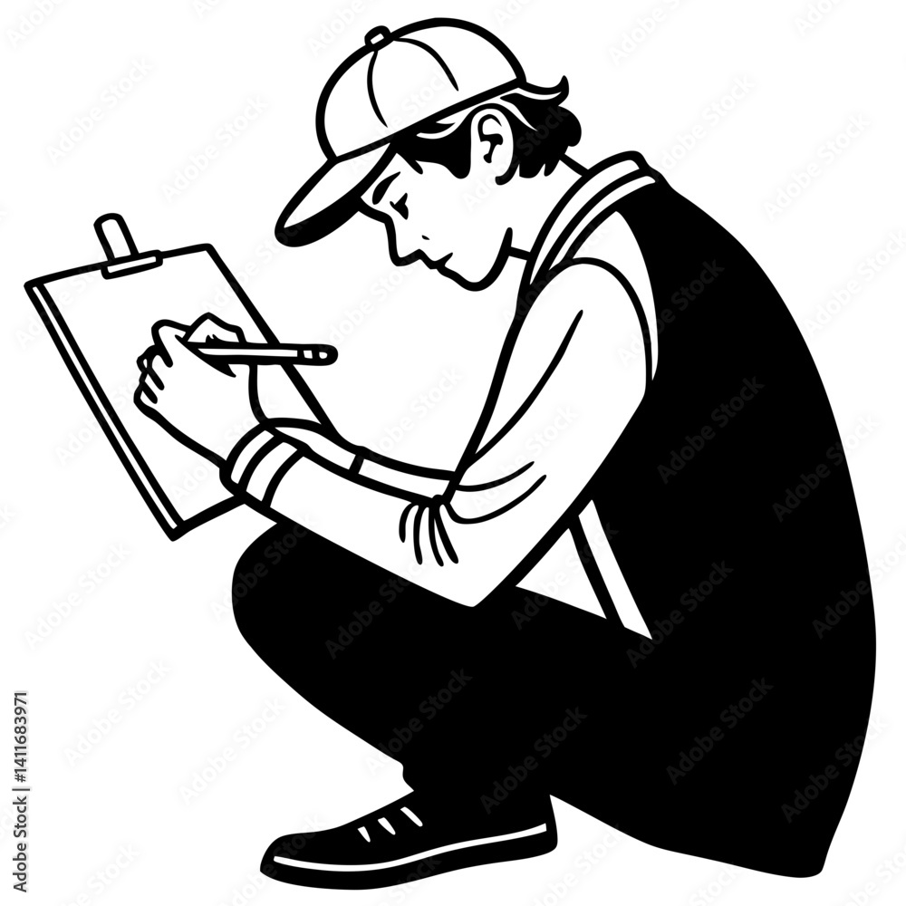 Obraz premium Young Artist Sketching Conceptual Art on Clipboard in Crouching Pose for Creative Projects