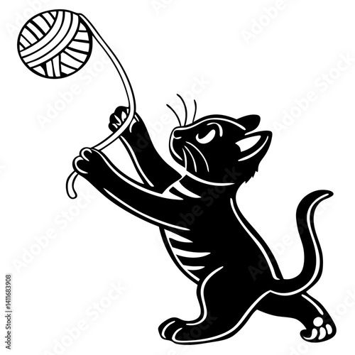 Playful Cat Silhouette Engaging with Yarn Ball for Pet Lovers and Creative Projects