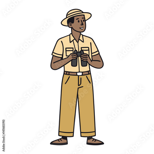 Safari Explorer Holding Binoculars in Outdoor Adventure Attire for Nature Observation