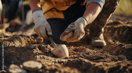 Archaeologist uncovering ancient artifacts at an excavation site. Featuring history and meticulous research