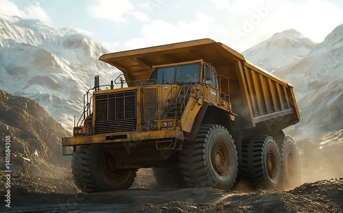 Yellow Mining Truck in a Mountainous Landscape: A yellow dump truck, its tires kicking up dust, navigates a rugged terrain in a dramatic mountainous landscape.