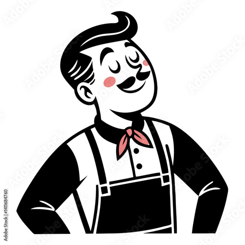 Vintage Smiling Waiter Character with Apron and Bowtie for Menu Designs and Retro Themes