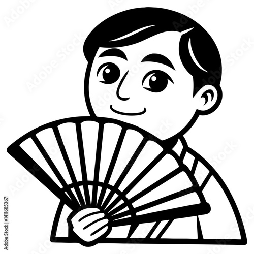 Boy Holding Decorative Fan in Traditional Attire for Cultural Celebrations or Craft Projects