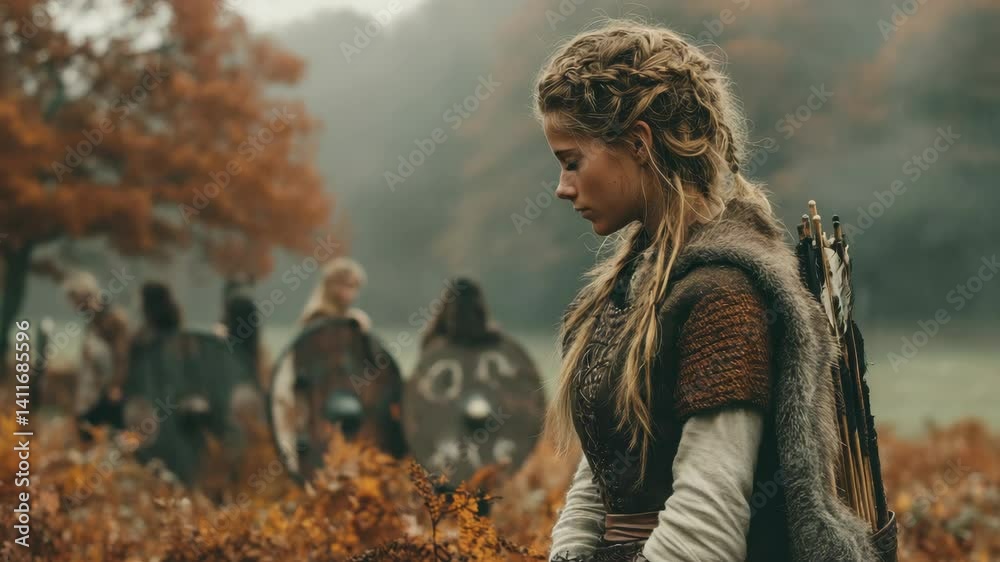 Viking Woman in Traditional Costume Standing in Open Field