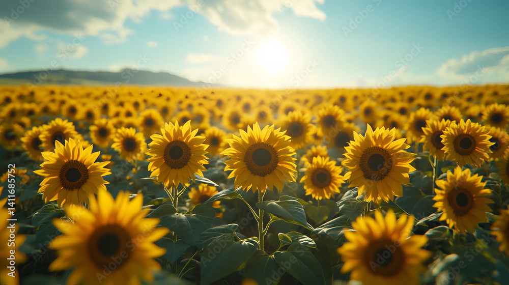 Fototapeta premium Sunset over blooming sunflower field with vibrant colors and serene atmosphere in countryside landscape