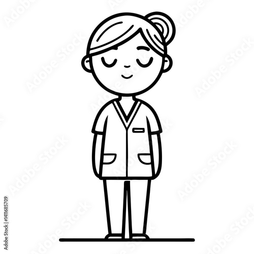 Cute Nurse Character in Scrubs Standing with a Friendly Smile Ideal for Coloring Books and Illustrations