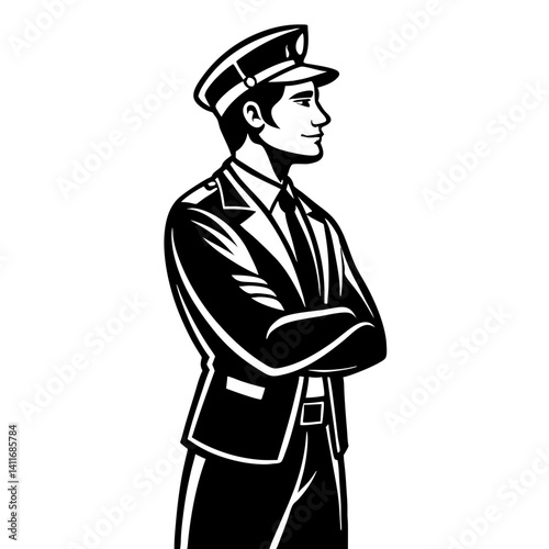 Confident Male Security Officer in Uniform Standing with Arms Crossed Vector Illustration
