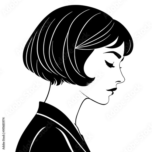 Elegant Profile of a Woman with Short Hair in Minimalist Black and White Design for Tattoo and Print