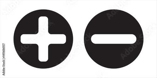 Round plus and minus icons set with different thicknesses. Vector.
