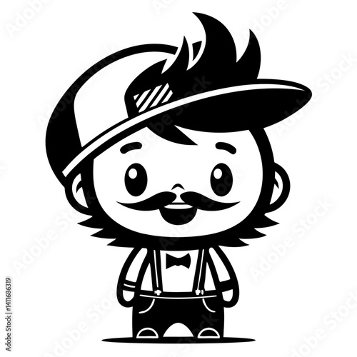 Cute Cartoon Boy Character with Mustache Wearing Cap and Bowtie for Coloring Book Designs