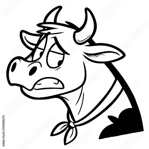 Sad Cartoon Cow Character Illustration for Coloring Books and Tattoo Designs