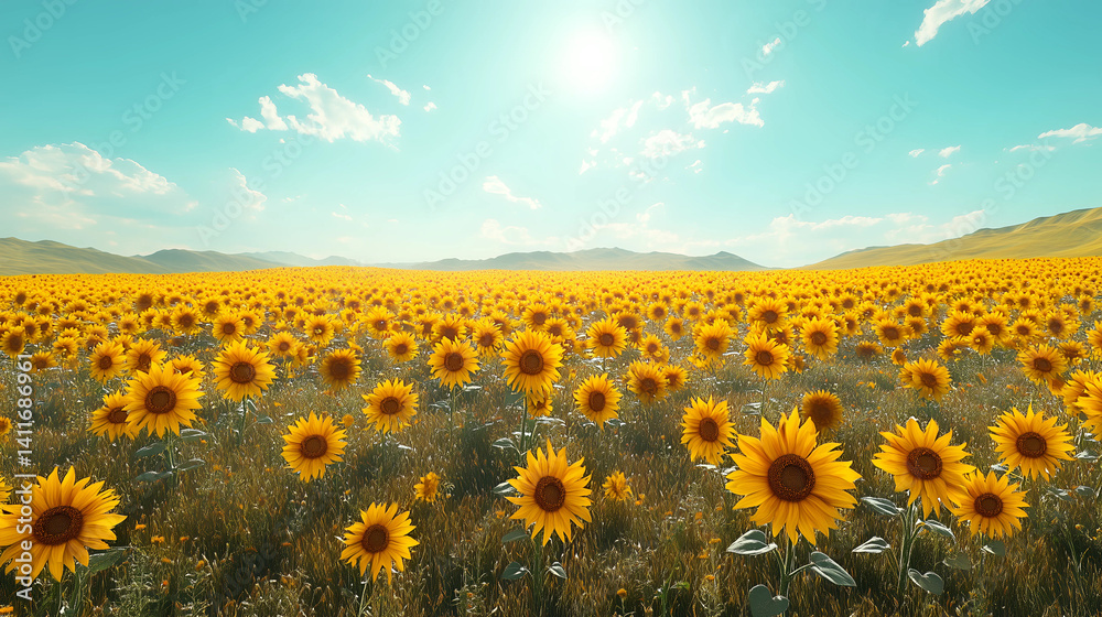 Obraz premium Vibrant sunflower field stretches endlessly under a bright blue sky and shining sun in summer