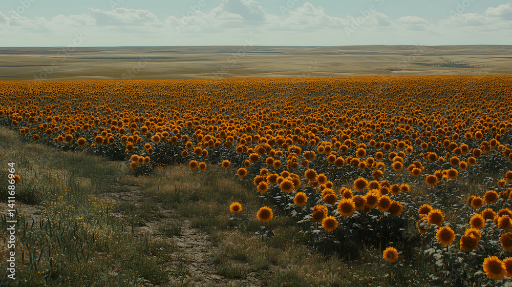 Obraz premium Vast field of sunflowers in full bloom under a bright blue sky during summer
