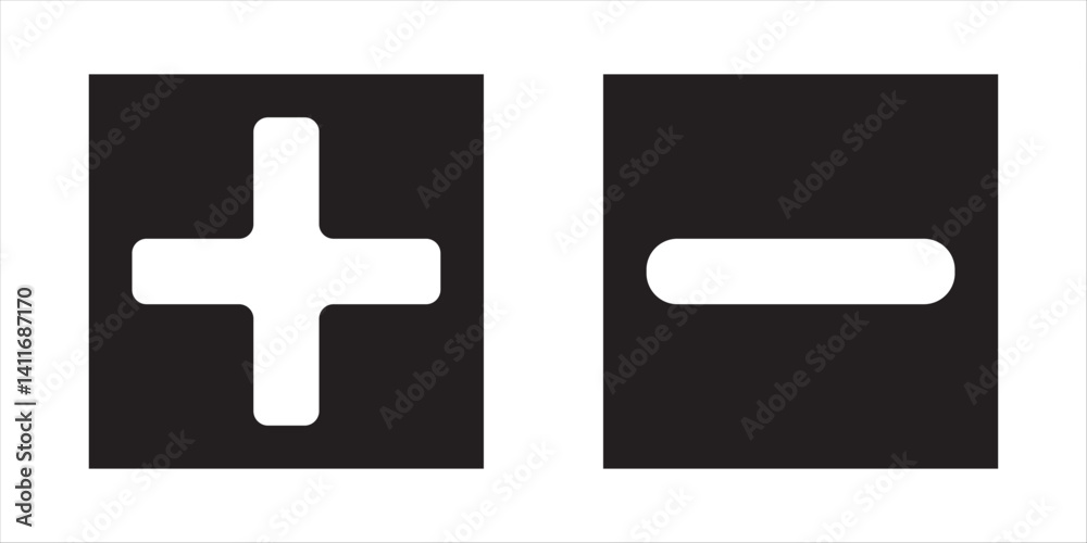 Obraz premium set of plus and minus symbols in circular and square shapes, positive and negative signs, vector black and white icons, geometric symbols for math, web, and UI design 
