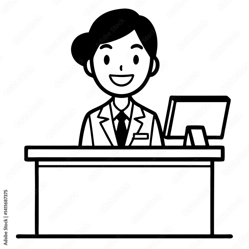 Friendly Receptionist in Business Suit Behind Desk with Computer Illustration for Professional Use Friendly Receptionist in Business Suit Behind Desk with Computer Illustration for Professional Use