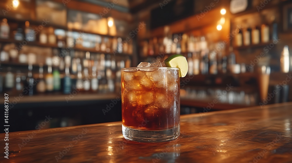 Rum and Coke cocktail on bar. Rum and Coke cocktail on bar.