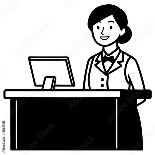 Friendly Receptionist at a Modern Desk with Computer Display in Minimalist Style