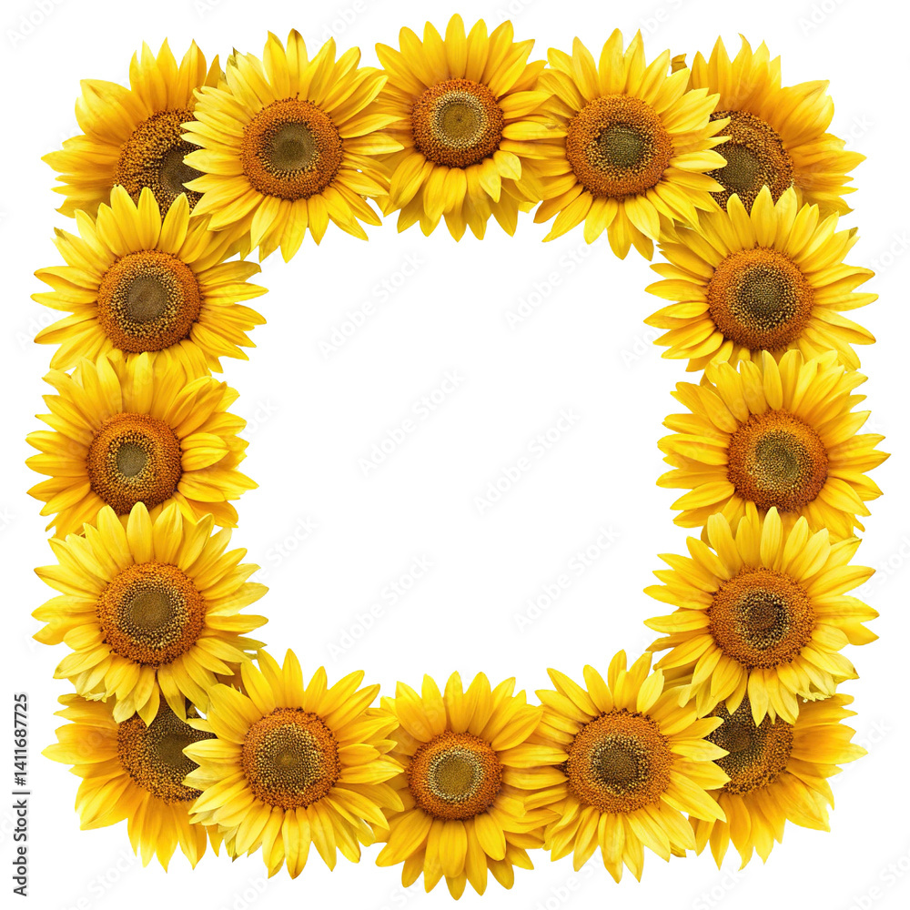 Square frame created from vibrant yellow sunflowers against a pure white backdrop Square frame created from vibrant yellow sunflowers against a pure white backdrop