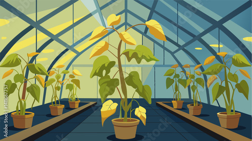 Despite the artificial lighting in the greenhouse the plants struggle to thrive their leaves slowly turning yellow and drooping a clear sign of inadequate lighting and unnatural. Vector illustration